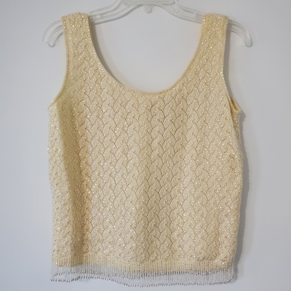 VINTAGE Penneys Womens 14 Sleeveless Zip Back Beaded Cream Wool Top FLAWED